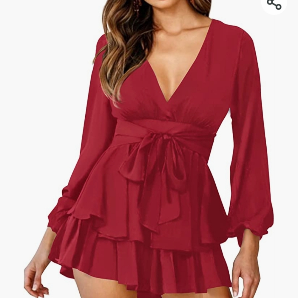 Romper Double Layer Ruffle Hem Jumpsuits Long Baggy Sleeves Waist Tie Short Romp